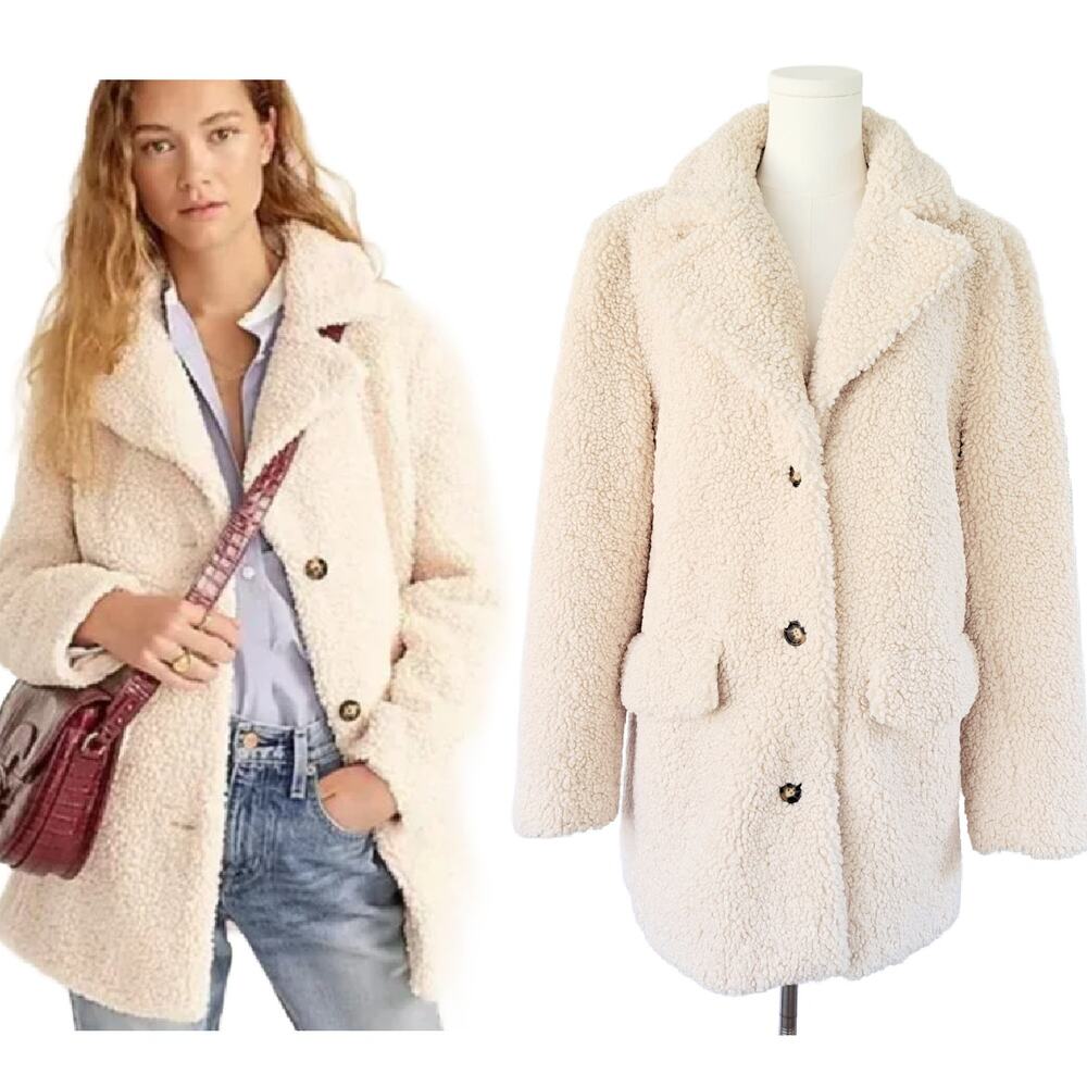 J. CREW Teddy Sherpa Jacket Size Medium Ivory Cozy Coat